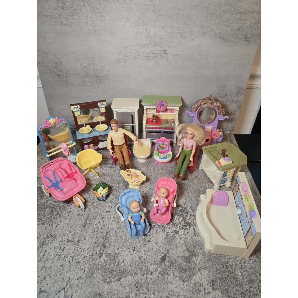 Fisher Price Loving Family XL Vintage Lot Furniture Dolls Babies Dresser Fridge